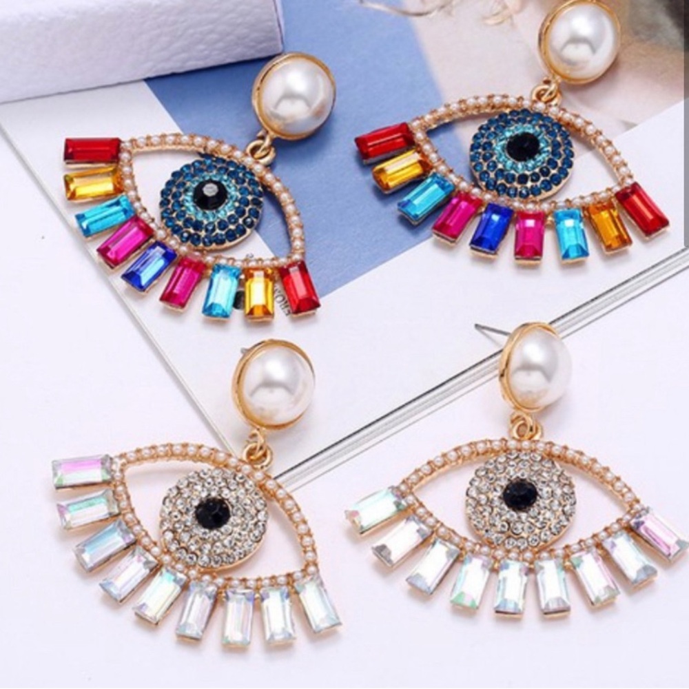 Rhinestone Evil's eye earrings in White and gold - Picture 2 of 5